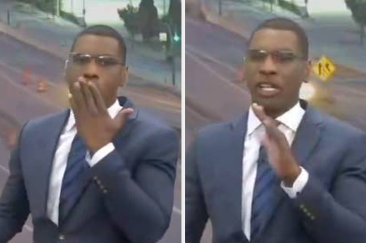 News reporter in a suit, blowing a kiss and speaking energetically while on location outdoors