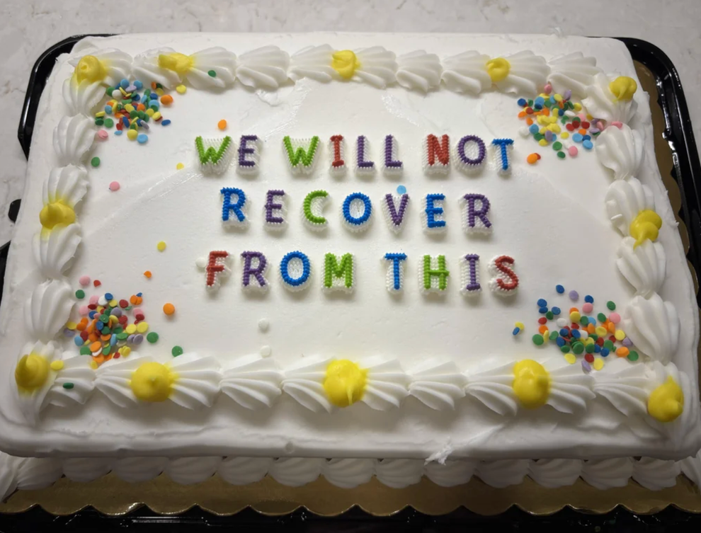 Cake with icing message: "We will not recover from this," surrounded by colorful sprinkles and frosting decorations