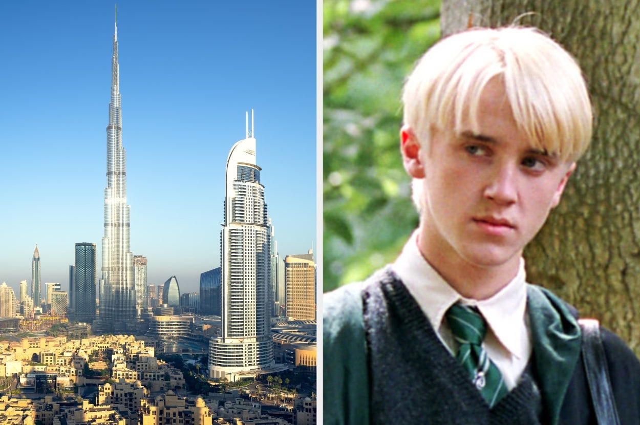 Left: Dubai skyline with Burj Khalifa; right: Tom Felton as Draco in "Harry Potter" in his Slytherin robes