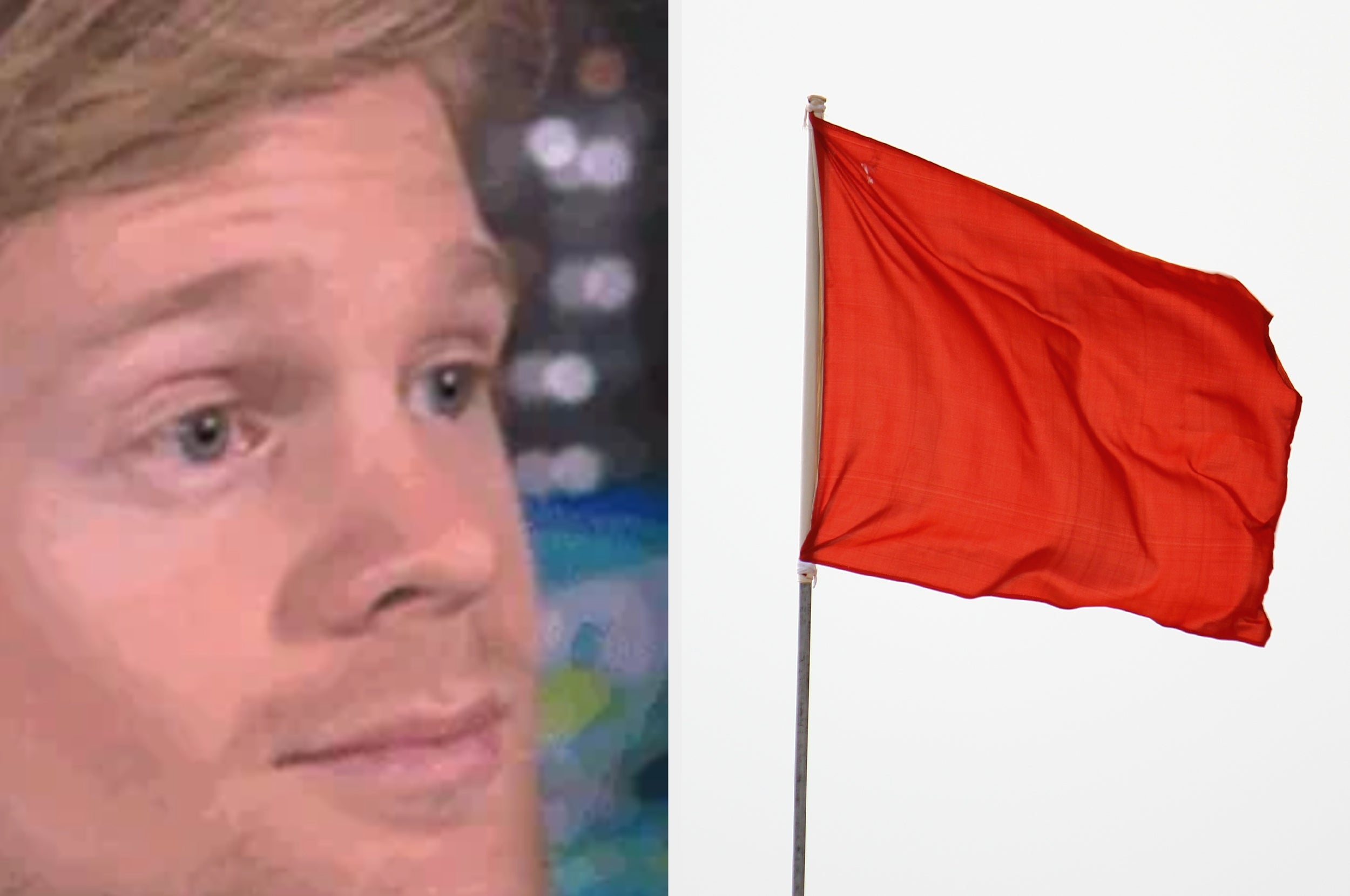 Man with a skeptical expression beside a red flag on a pole, representing a potential warning or "red flag" in a situation