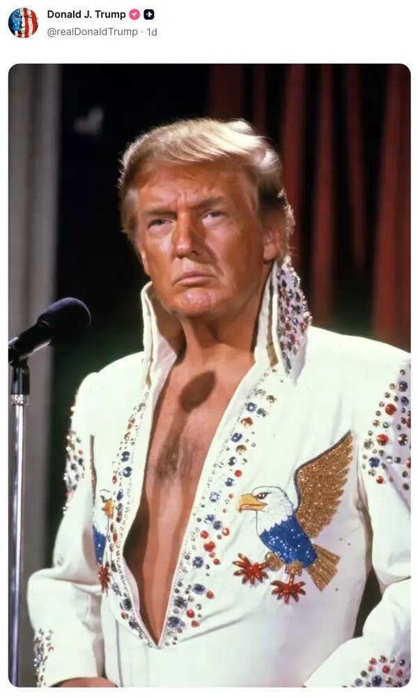 Donald Trump in an Elvis-style jumpsuit with eagle embellishments stands near a microphone
