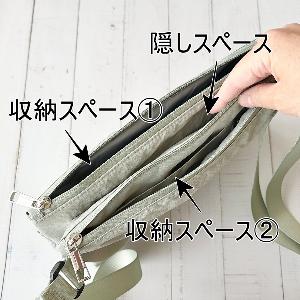 しまむら「レディース 保冷付きショルダーバッグ(MARI.EmmY)」バッグに、収納スペース①、収納スペース②、隠しスペースのラベルが貼られている。