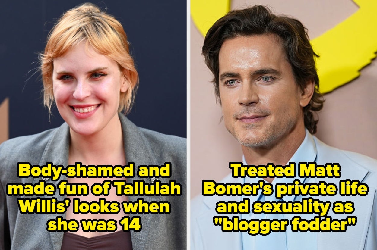 Split image: Left - person smiling; right - another person with neutral expression. Text criticizes treatment of Tallulah Willis and Matt Bomer