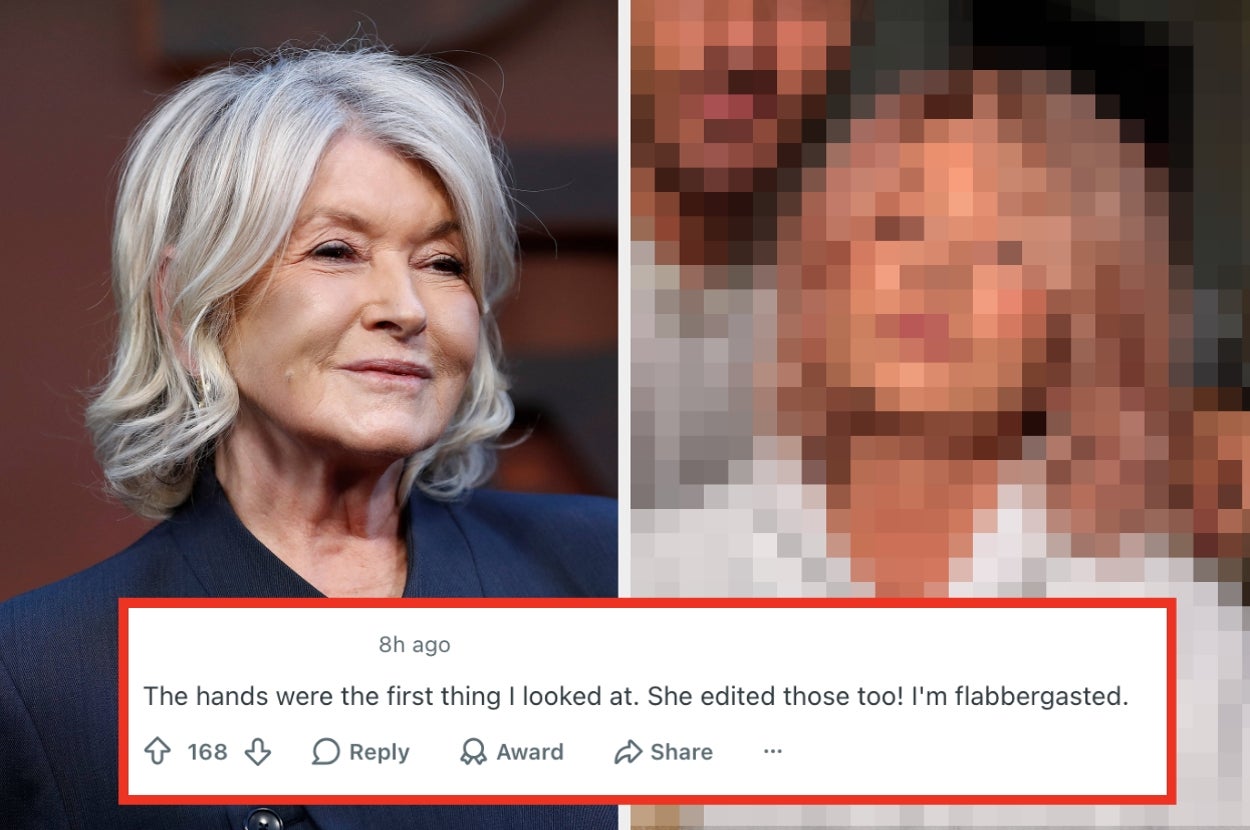 Close-up of Martha Stewart at an event, next to a blurred image of her. Comment expresses surprise about photo editing