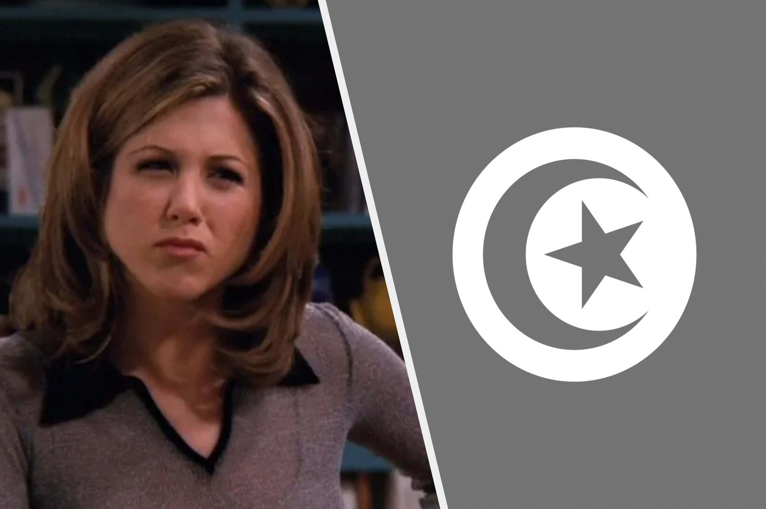 Woman with shoulder-length hair, wearing a V-neck top, looks puzzled; adjacent is a gray graphic with a star and crescent