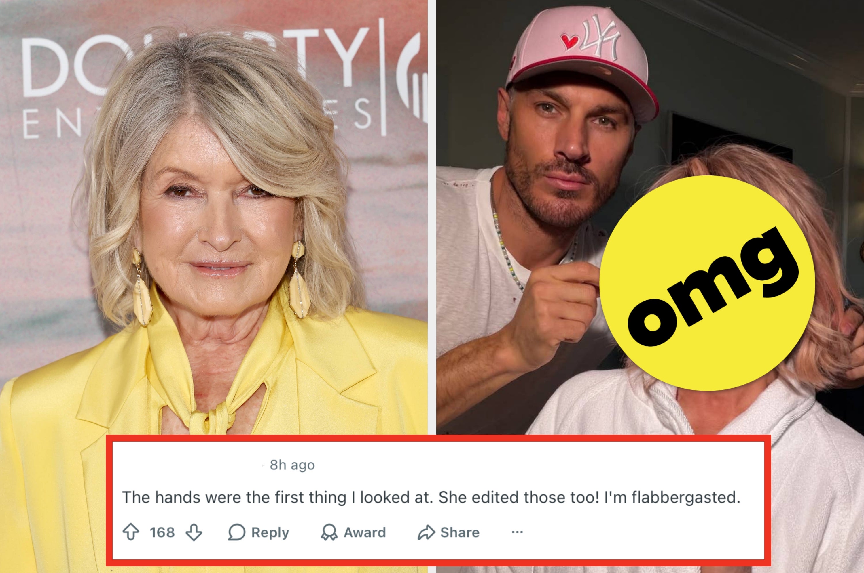 Left: Martha Stewart at an event. Right: Chris Appleton posing in a selfie with Martha, whose face is obscured by an "OMG" sticker. Comment about photo editing displayed below