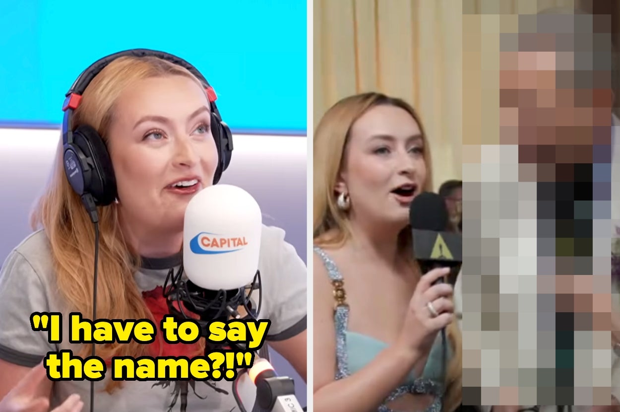 Person speaking into a microphone in a radio studio; right side shows them interviewing someone on a red carpet. Quote: "I have to say the name?!"