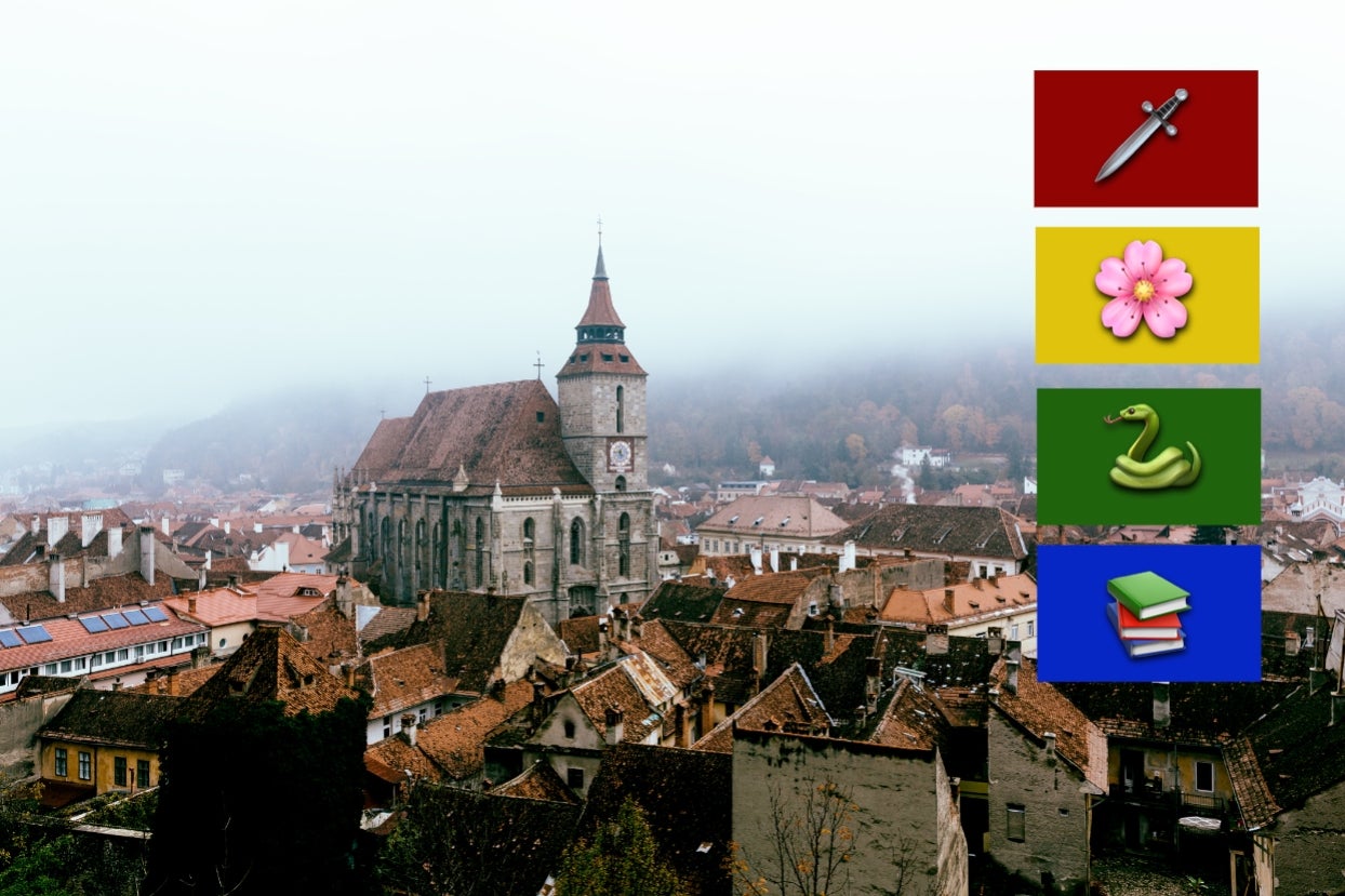 Foggy historic townscape with a large church, surrounded by old buildings. Sidebar icons: sword, flower, snake, books