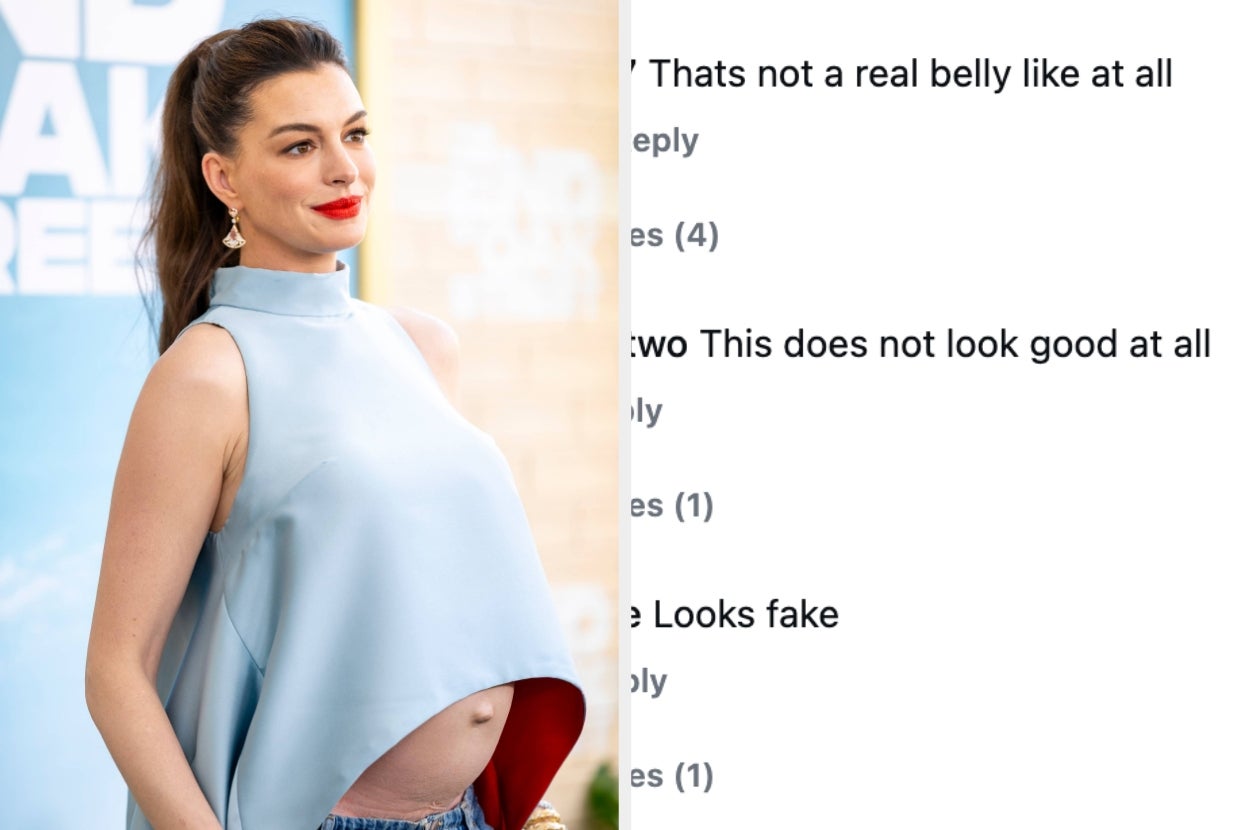 Left: Anne Hathaway in a baby bump-baring outfit. Right: Instagram comments speculating that her bump is fake