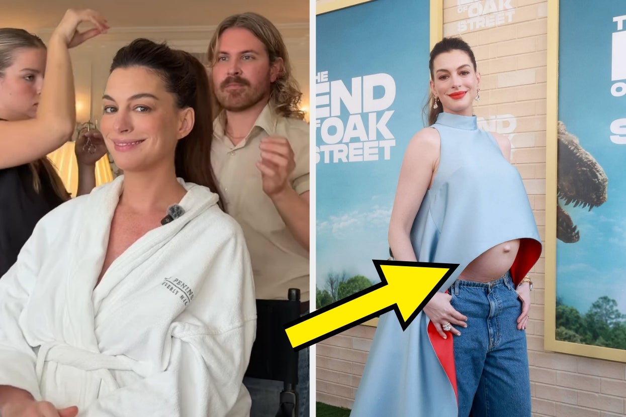 Anne Hathaway getting styled and in a bump-baring outfit