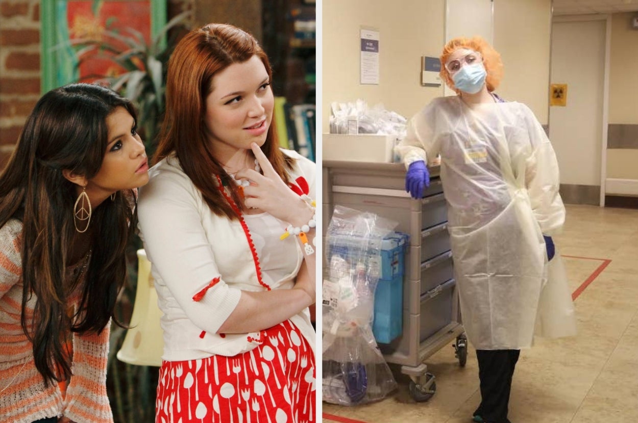 Left: Selena Gomez and Jennifer Stone in a scene from "Wizards of Waverly Place." Right: Jennifer wearing protective gear as a healthcare worker