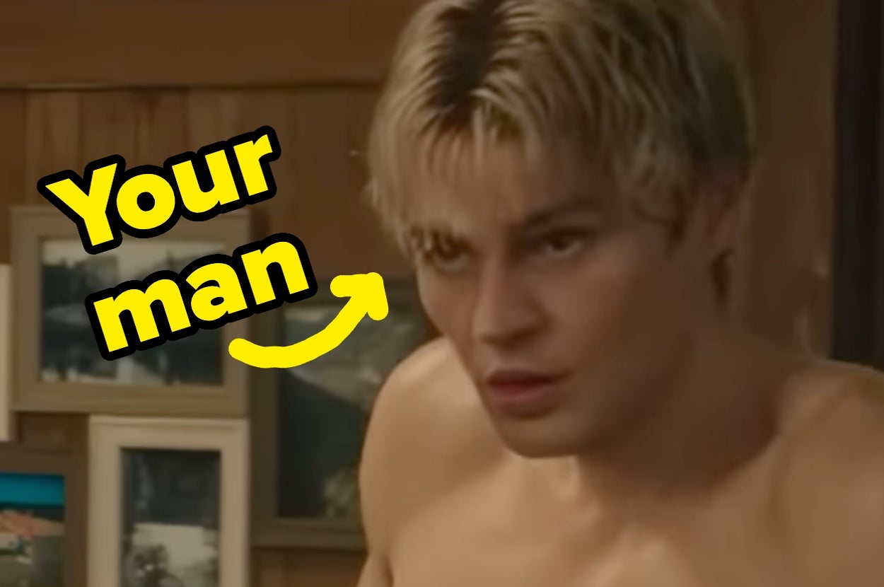 Shirtless Cole from "My Life With the Walter Boys" with blonde hair looks intensely ahead. Text overlay says "Your man" with an arrow pointing at him