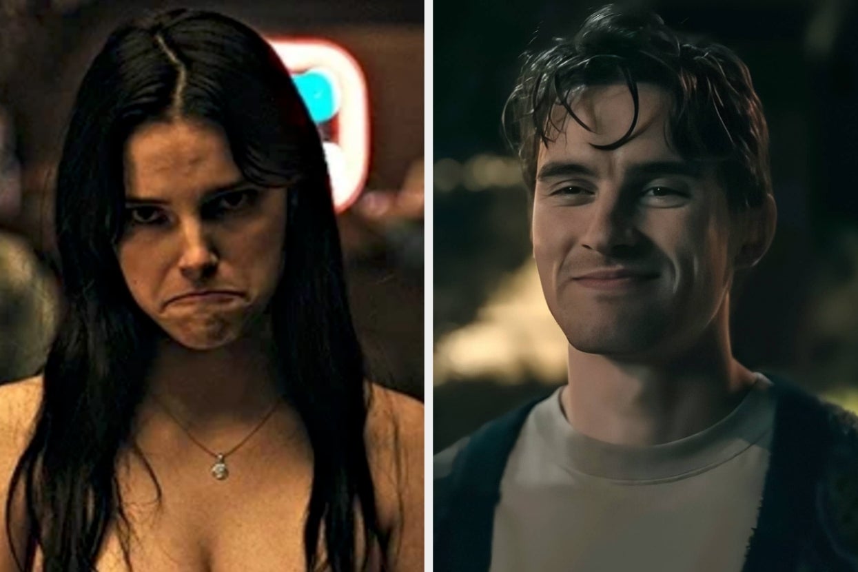Two actors with contrasting expressions: a woman frowning and a man smiling, both in casual clothing