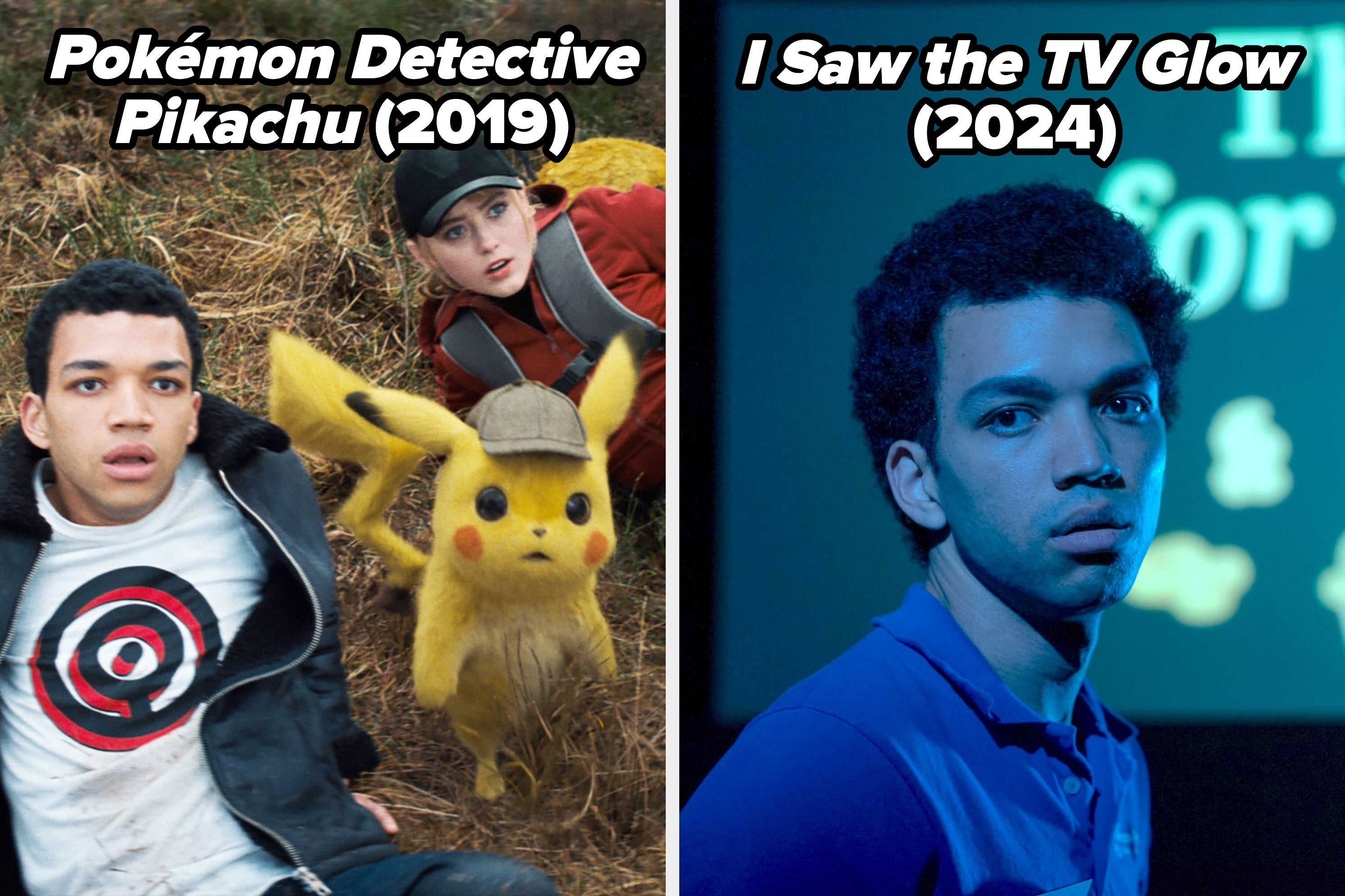 Split image: left shows a scene from "Pokémon Detective Pikachu" with a Pikachu; right shows a scene from "I Saw the TV Glow" with a man in a reflective pose