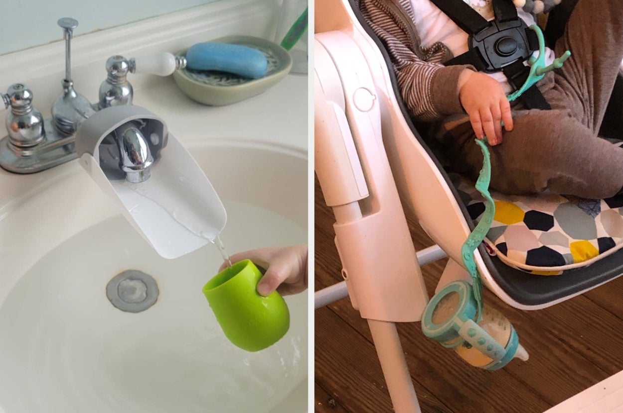 Child-friendly faucet extender on sink and bendable cup holder strap attached to child's seat, showcasing innovative parenting products
