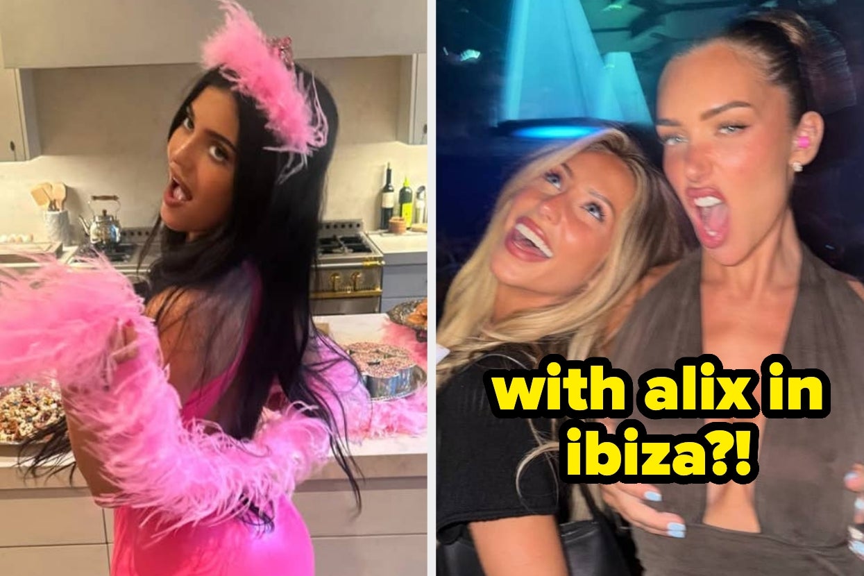 Two women celebrating; left: a woman in a feather boa, right: two women posing playfully. Text asks, "with alix in ibiza?!"