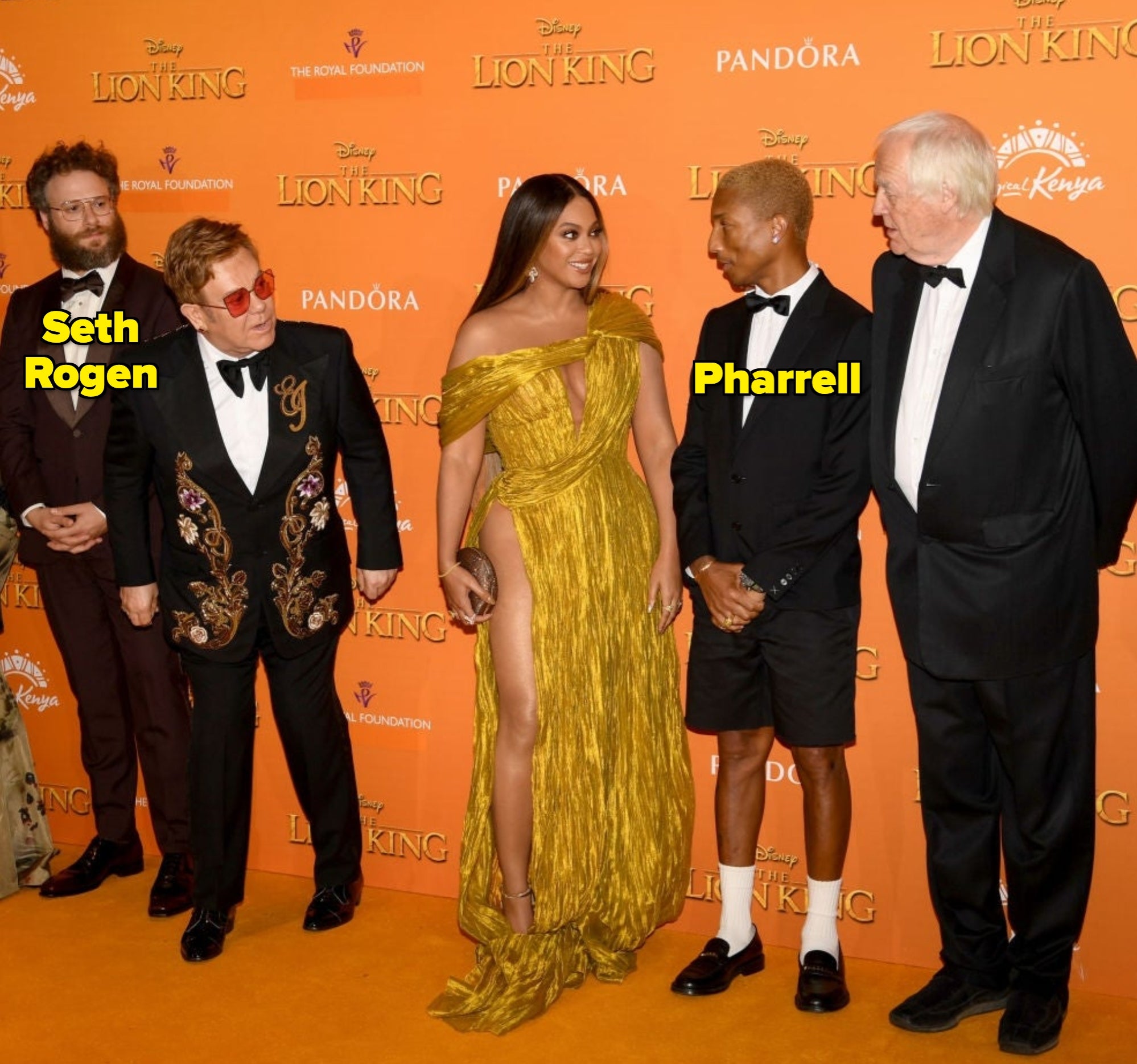 Seth Rogen, Sir Elton John, Beyonce Knowles-Carter, Pharrell Williams and Sir Tim Rice on the red carpet at "The Lion King" premiere