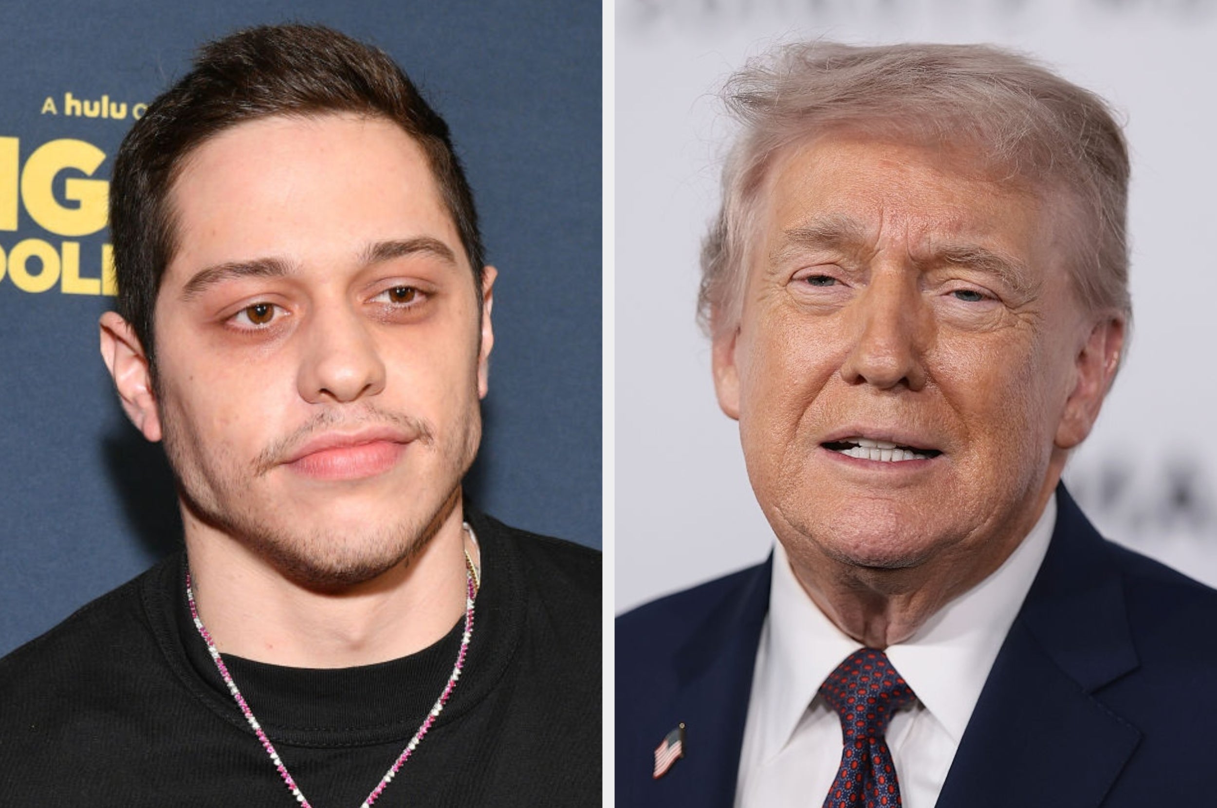 Pete Davidson and Donald Trump side by side at separate events