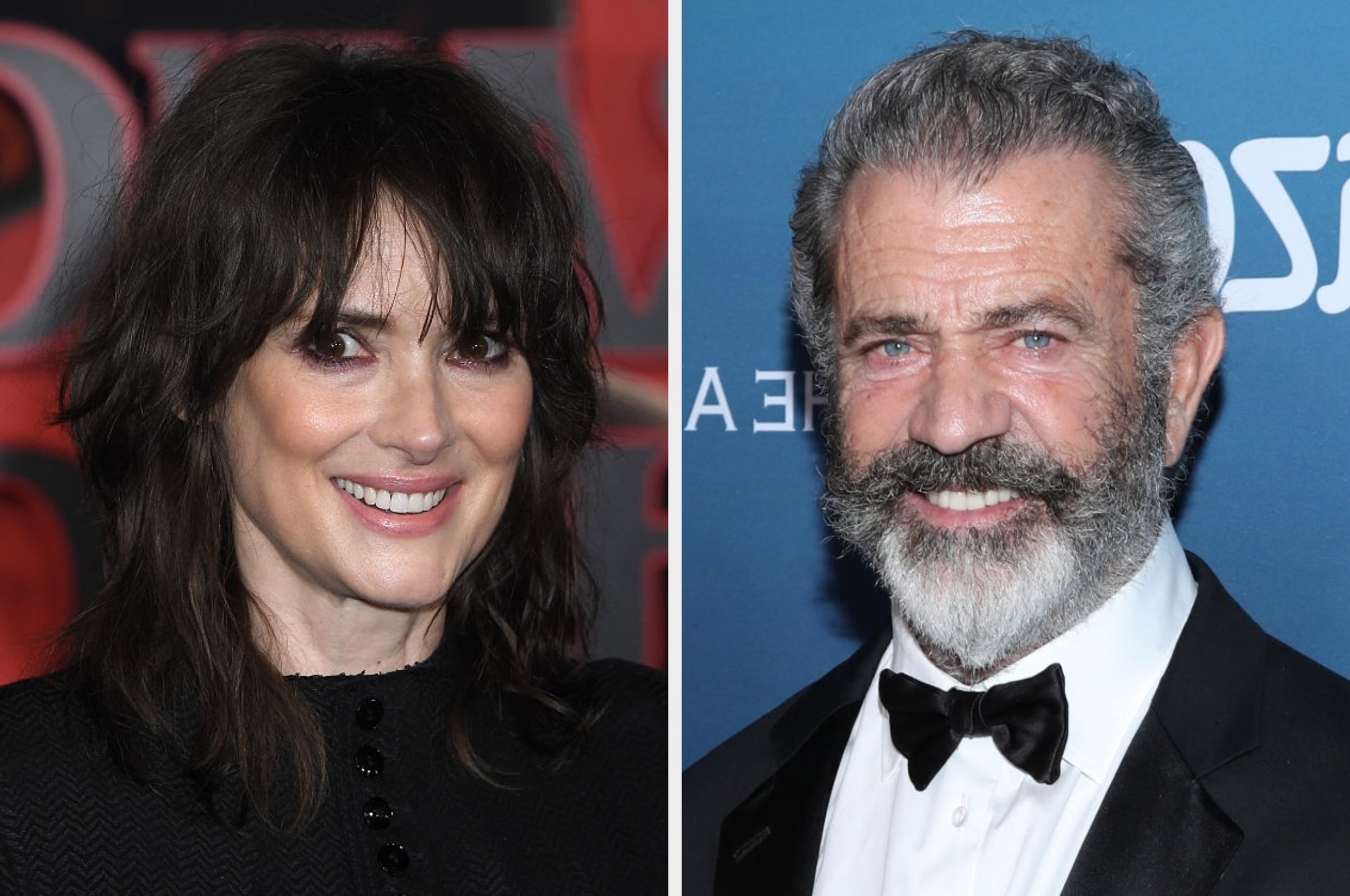 Winona Ryder and Mel Gibson side by side at separate events smiling