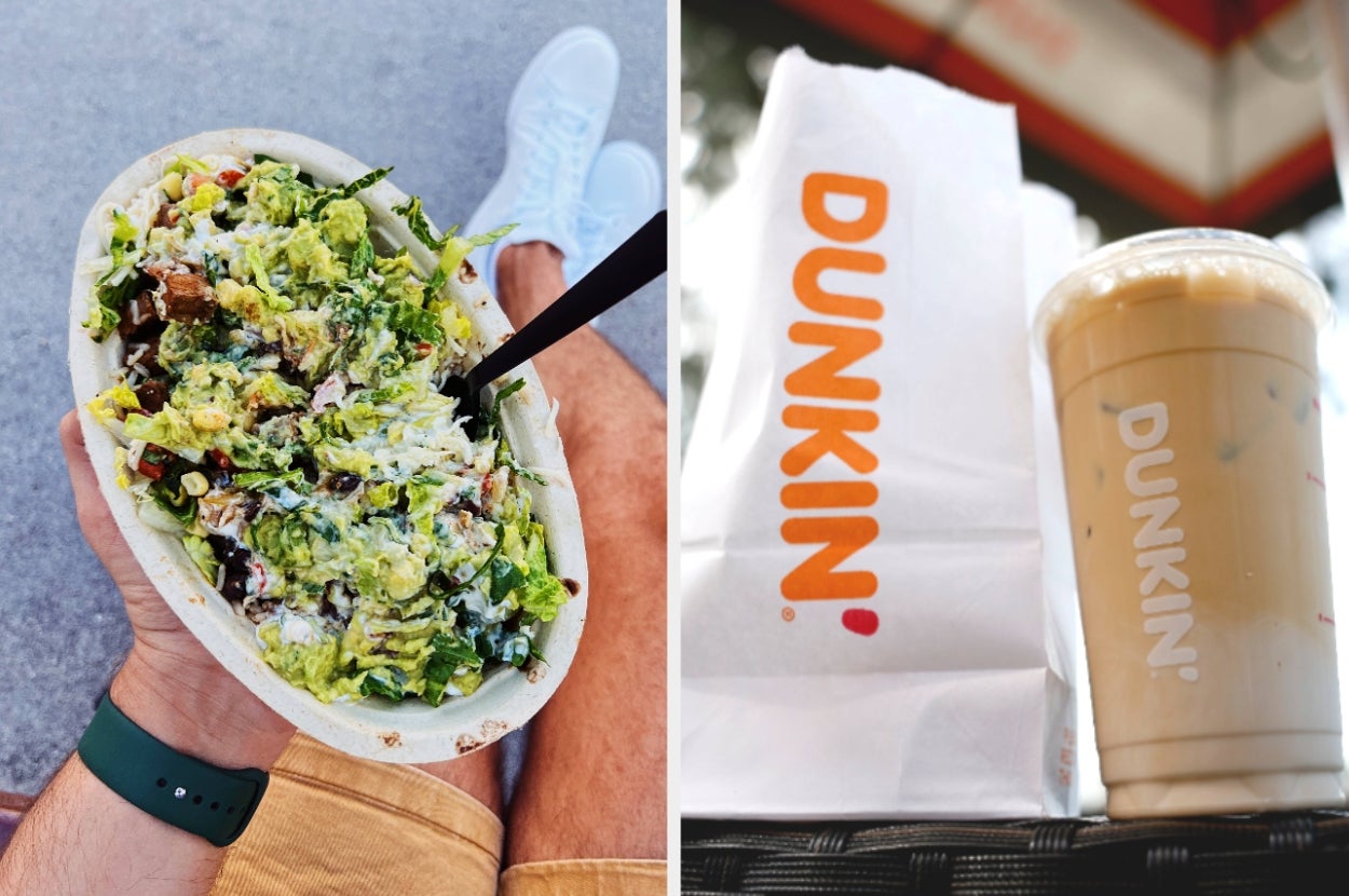 Person holding a bowl of salad with toppings; next to it, Dunkin' items including a bag and iced coffee on a table