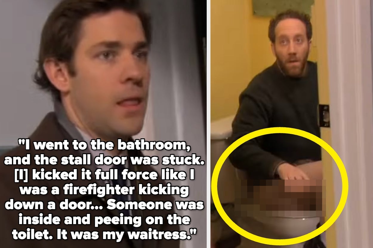 Two people in a humorous video scene, one surprised on a toilet; text describes an accidental bathroom intrusion by kicking the door