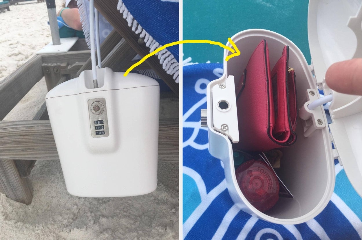 Small portable safe attached to a beach chair, showing a wallet and personal items inside, with a combination lock for security