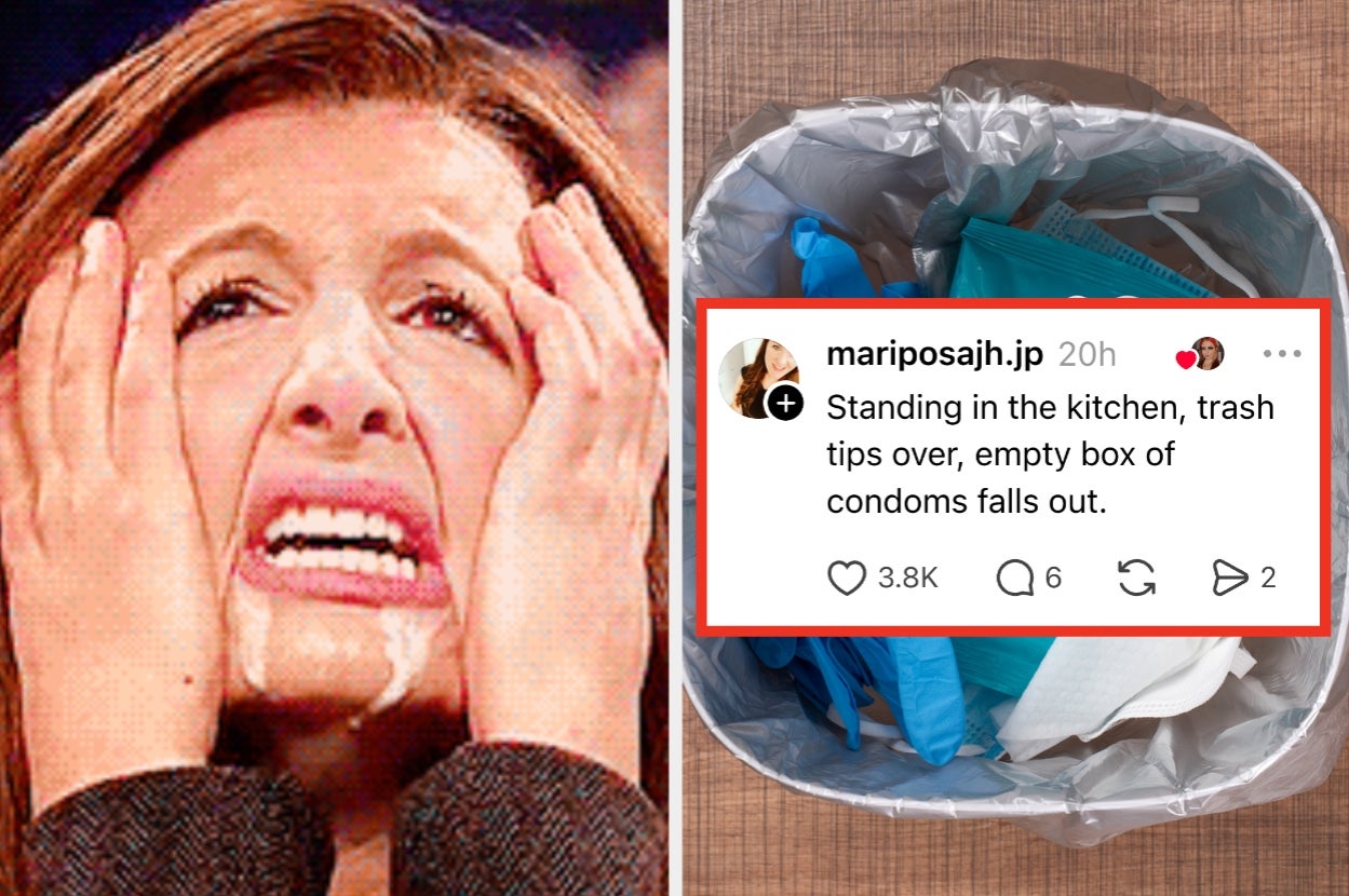 Person holding their face in distress alongside a humorous tweet about a box of condoms falling from the trash