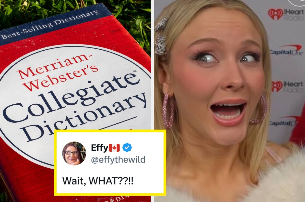 Merriam-Webster's dictionary cover next to a surprised woman; tweet overlay reads: "Wait, WHAT?!!"