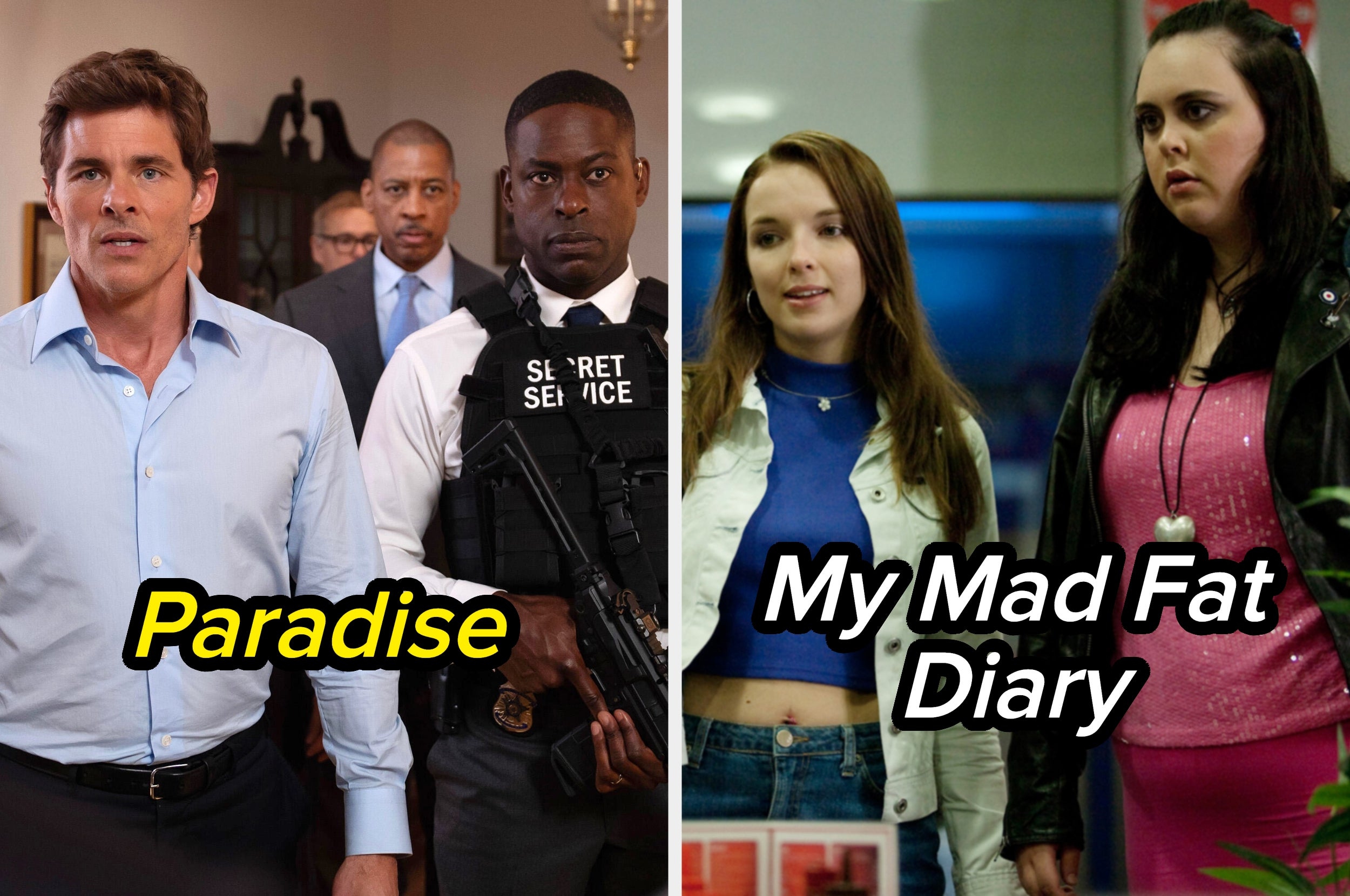 Two-image collage from TV shows: Left features actors in a formal setting with "Paradise." Right shows young characters indoors with "My Mad Fat Diary."