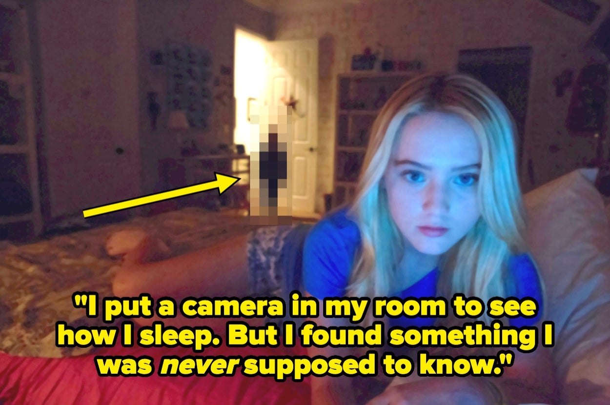 A person in bed looks at the camera, while a blurred figure stands in a doorway; caption suggests camera caught an unexpected sight