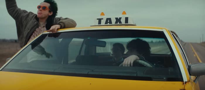 Three teens in a yellow taxi in "NIMRODS"