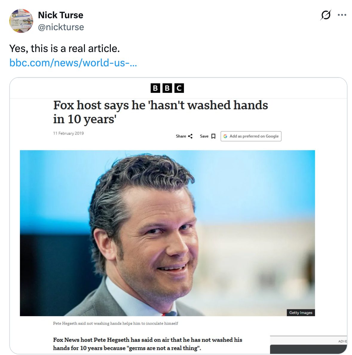 Skjermbilde av en BBC-artikkeloverskrift der en Fox-vert hevder å ikke ha vasket hendene på 10 år