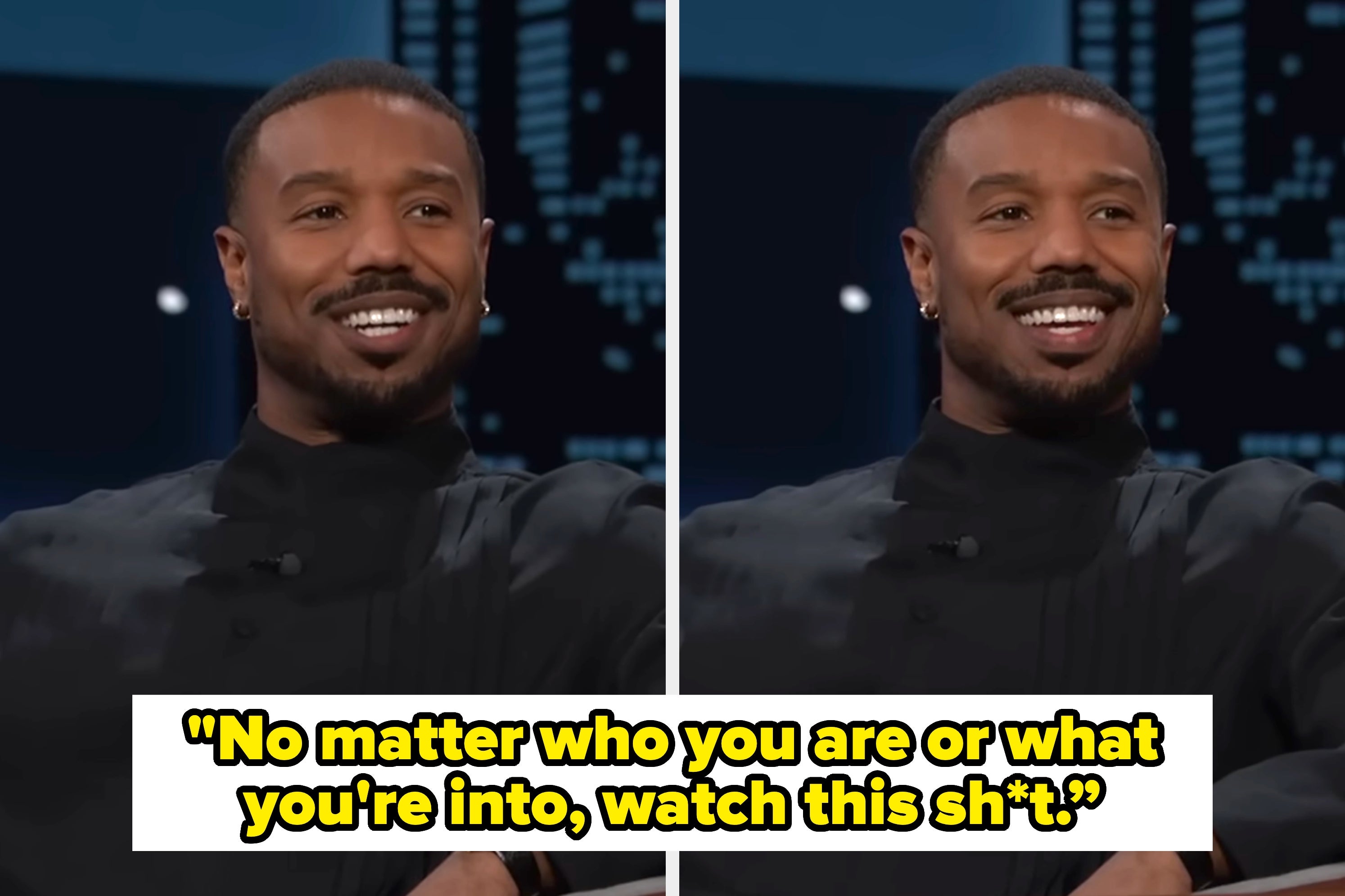 Person in elegant attire on talk show set; text overlay: "No matter who you are or what you're into, watch this."