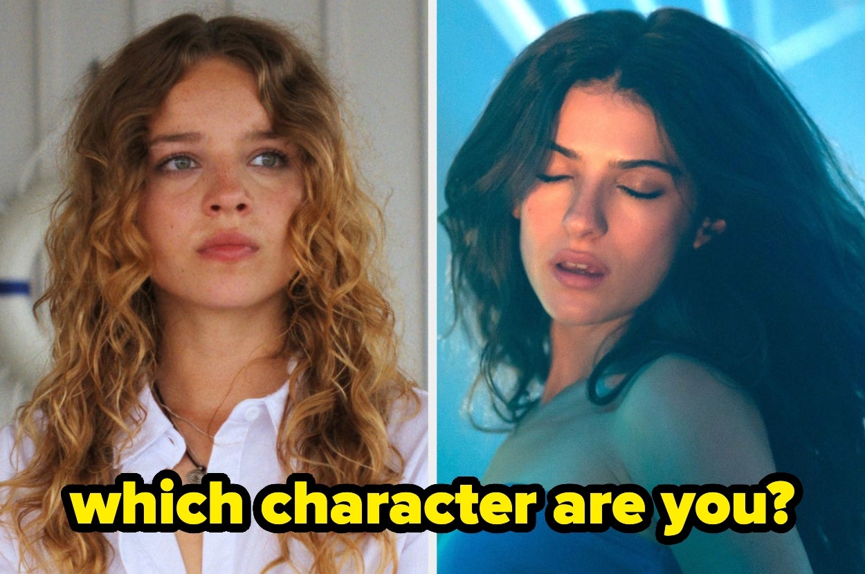 Two individuals, side by side; the left appears thoughtful, the right seems serene. Text below: "which character are you?"
