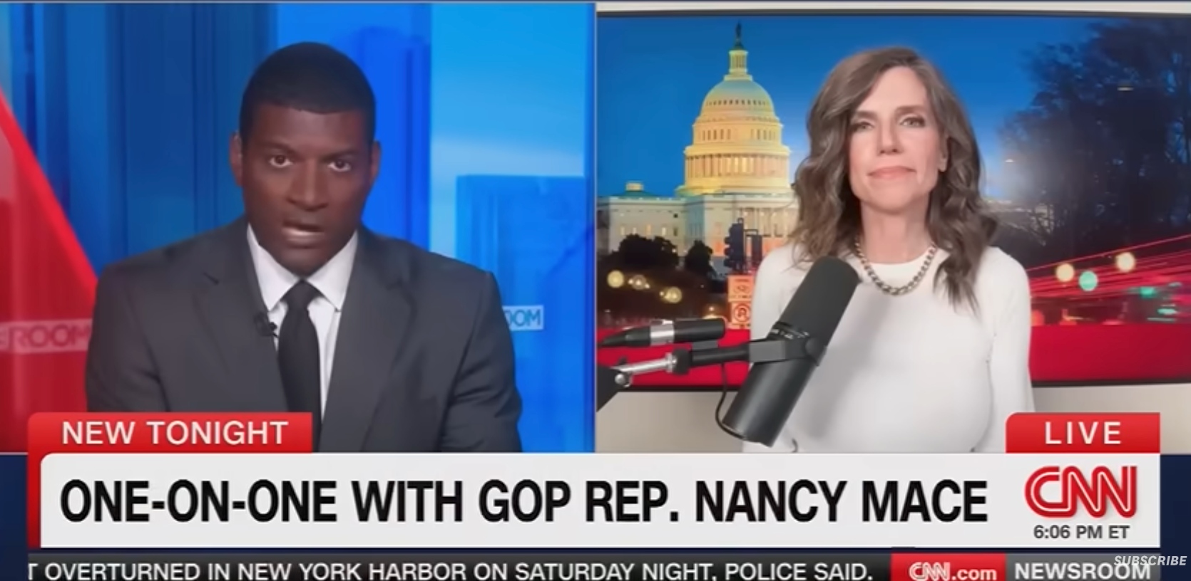 CNN-intervju med GOP-representant Nancy Mace. Skjermen viser "En-til-en med GOP-representant Nancy Mace" med vertene og US Capitol bakteppe