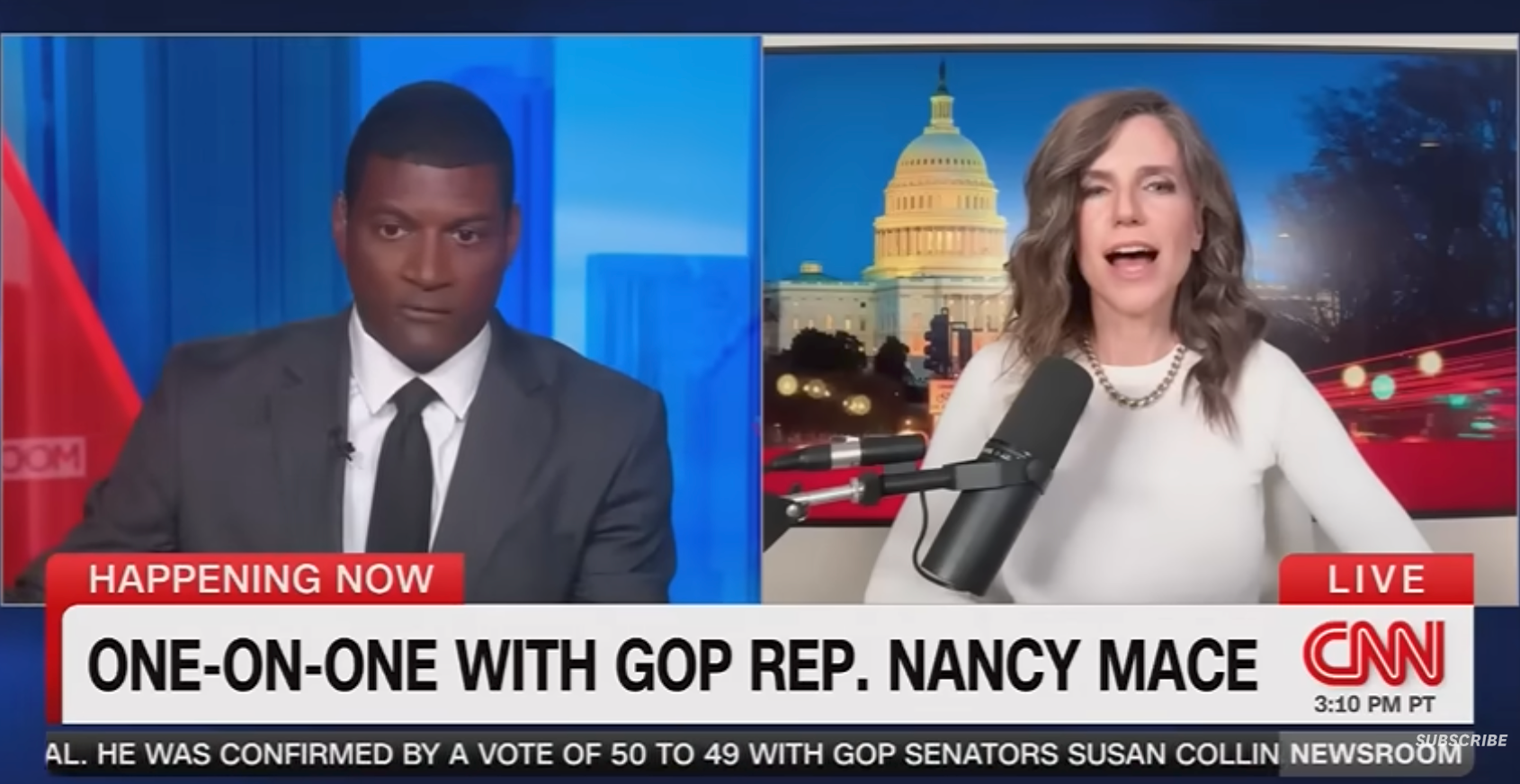 CNN-sending med et intervju mellom en vert og GOP-representant Nancy Mace, med siste tickertekst på gang