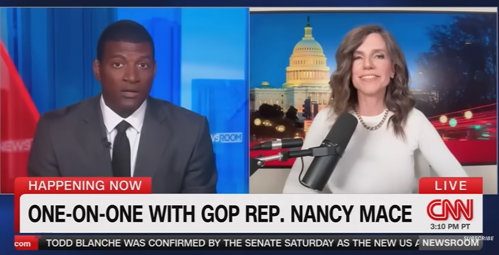 TV-intervju med delt skjerm med GOP-representant Nancy Mace. Hun snakker eksternt med en vert i et nyhetsstudio. CNN-banneret viser intervjudetaljer