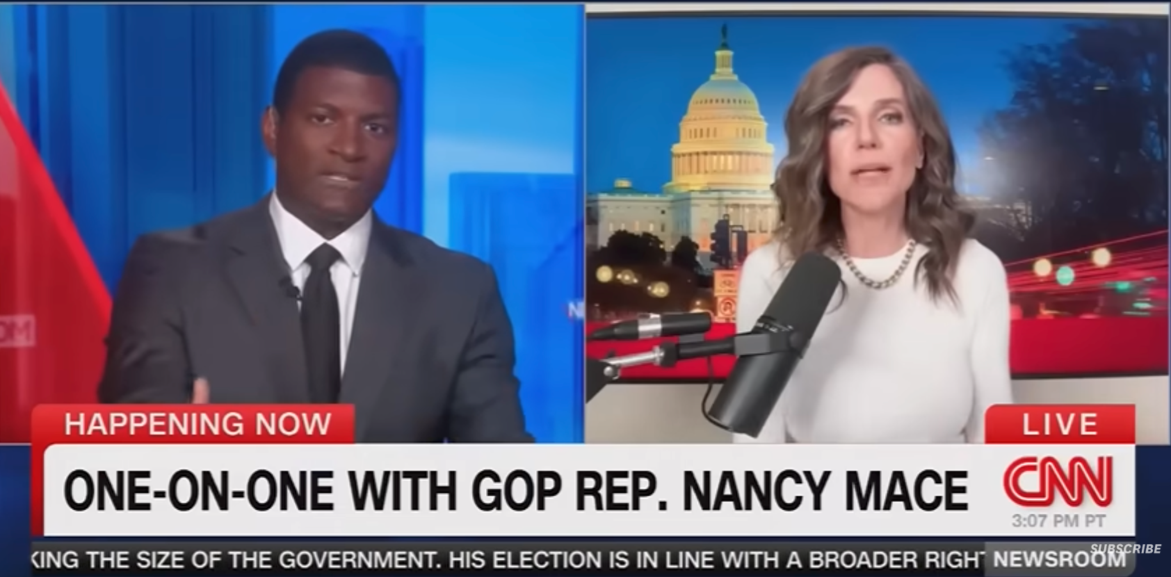 CNN-nyhetssegment med en vert som intervjuer GOP-representant Nancy Mace via videosamtale. US Capitol bakteppe
