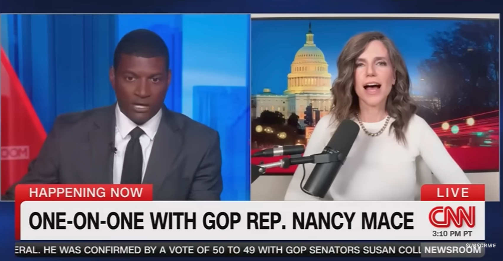 TV-segment med anker som intervjuer GOP-representant Nancy Mace, og diskuterer politiske emner. Delt skjerm viser studio og Mace med Capitol-bakteppe