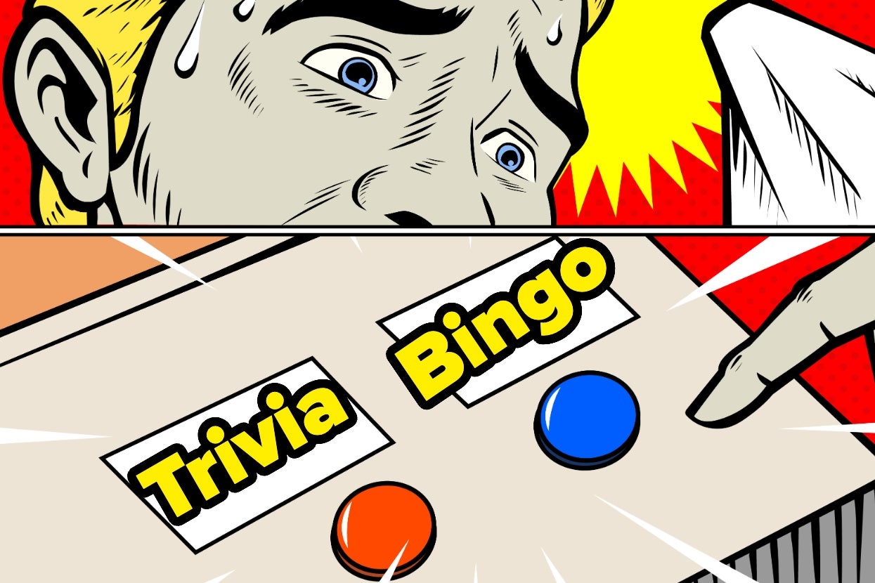 Comic-style image of a worried person choosing between two buttons labeled "Trivia" and "Bingo."