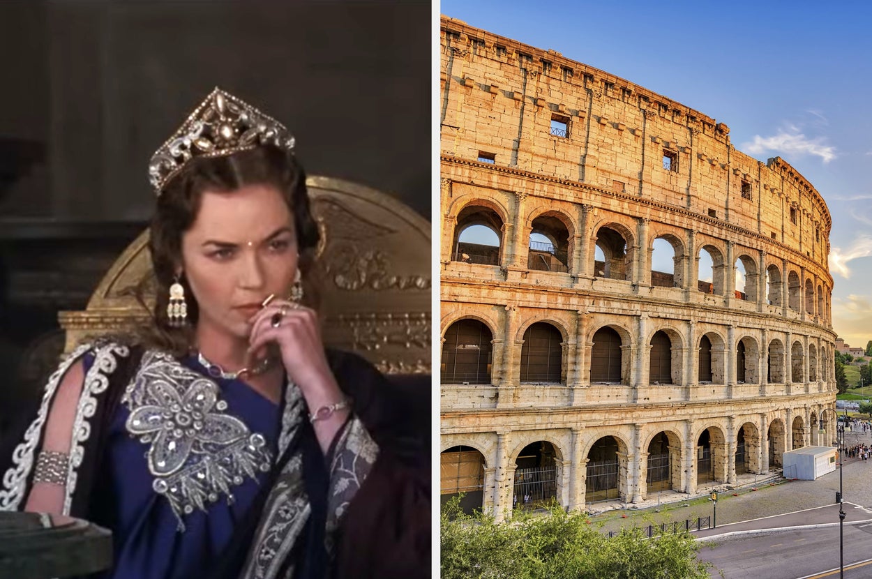 Woman in regal attire with a crown, pondering. Colosseum image beside her. Text: "Which Seven Wonder Are You?"