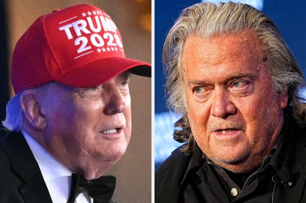 Two people side by side. Left: Man in a suit and "Trump 2020" cap. Right: Man with long hair in a collared shirt