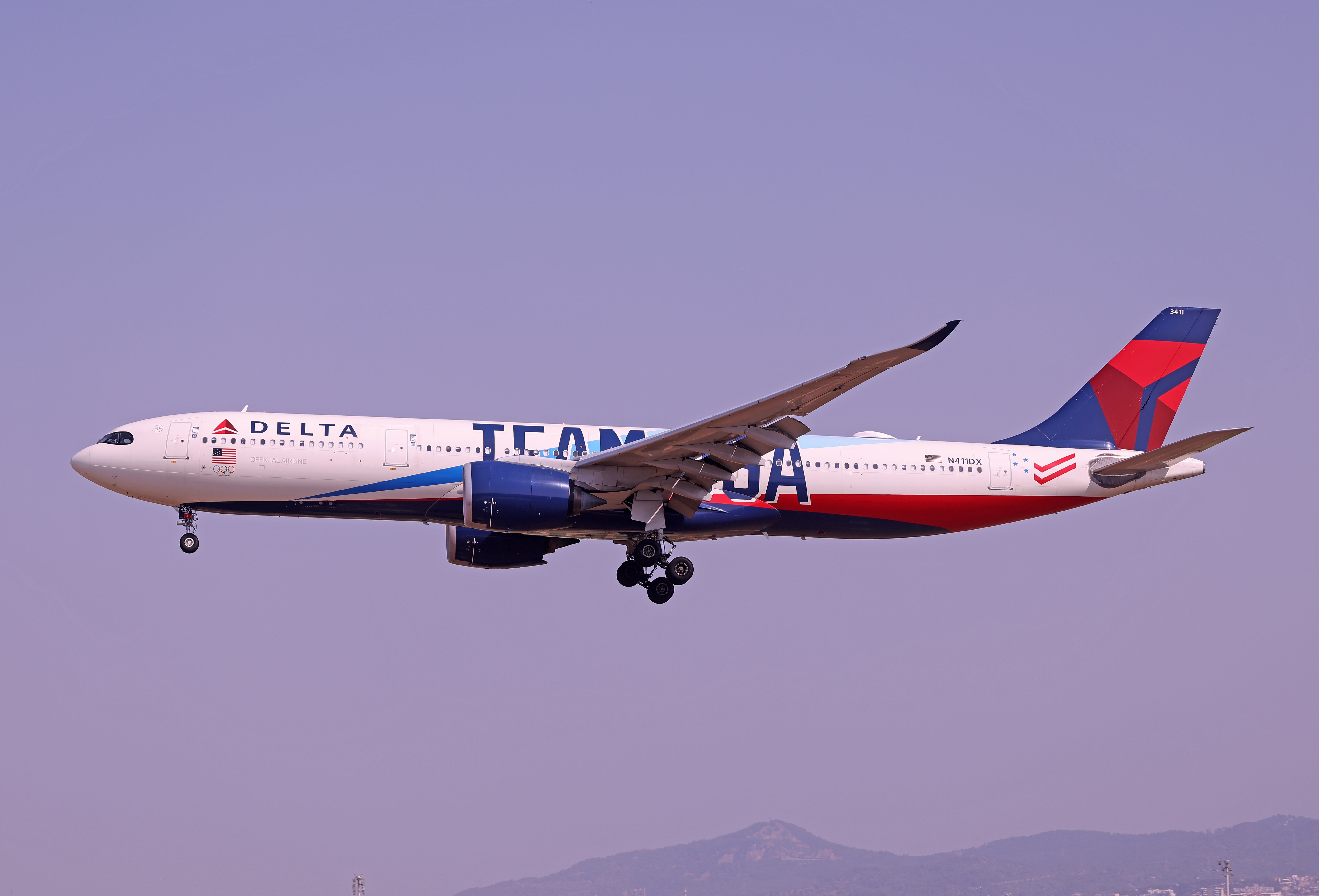 Delta Air Lines craft successful flight, featuring Team USA branding connected its fuselage