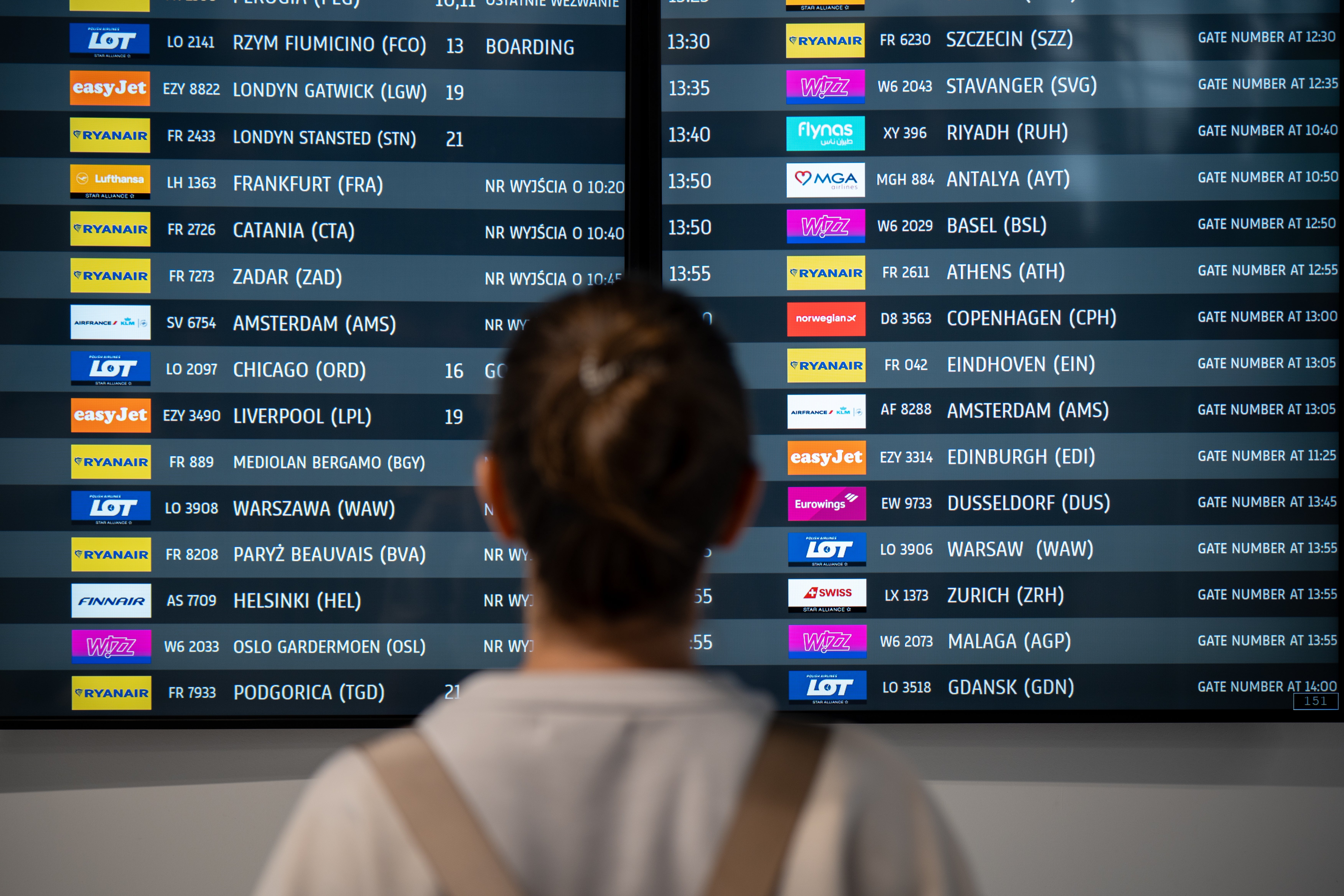 Person viewing airdrome departures committee with aggregate flights listed, indicating destination cities and gross numbers