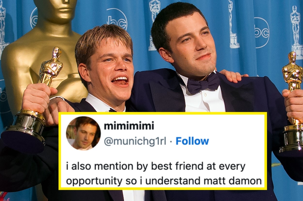Two people celebrating with Oscars; one text overlay mentions frequently talking about best friends, mentioning Matt Damon