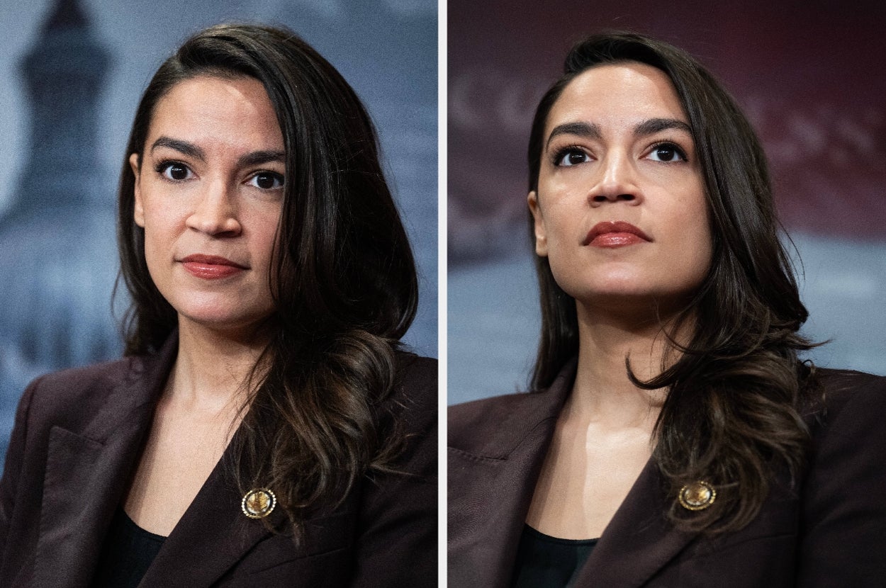 A person in formal attire, wearing a blazer with a pin, is seen in two images with a focused expression, in an editorial setting