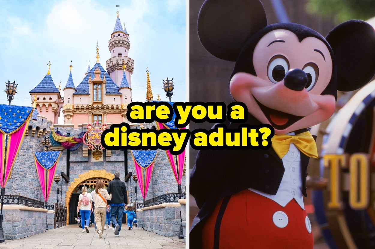 Split image of Sleeping Beauty Castle and Mickey Mouse wearing a yellow bow tie, text overlay: are you a disney adult?