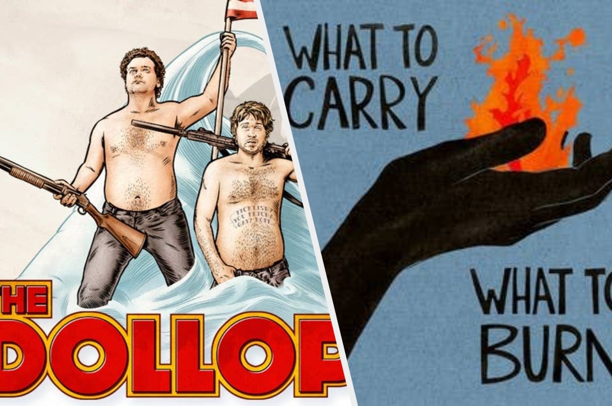 One image shows two men with rifles, shirtless; the other features a hand holding flame, with the text "What to Carry, What to Burn."