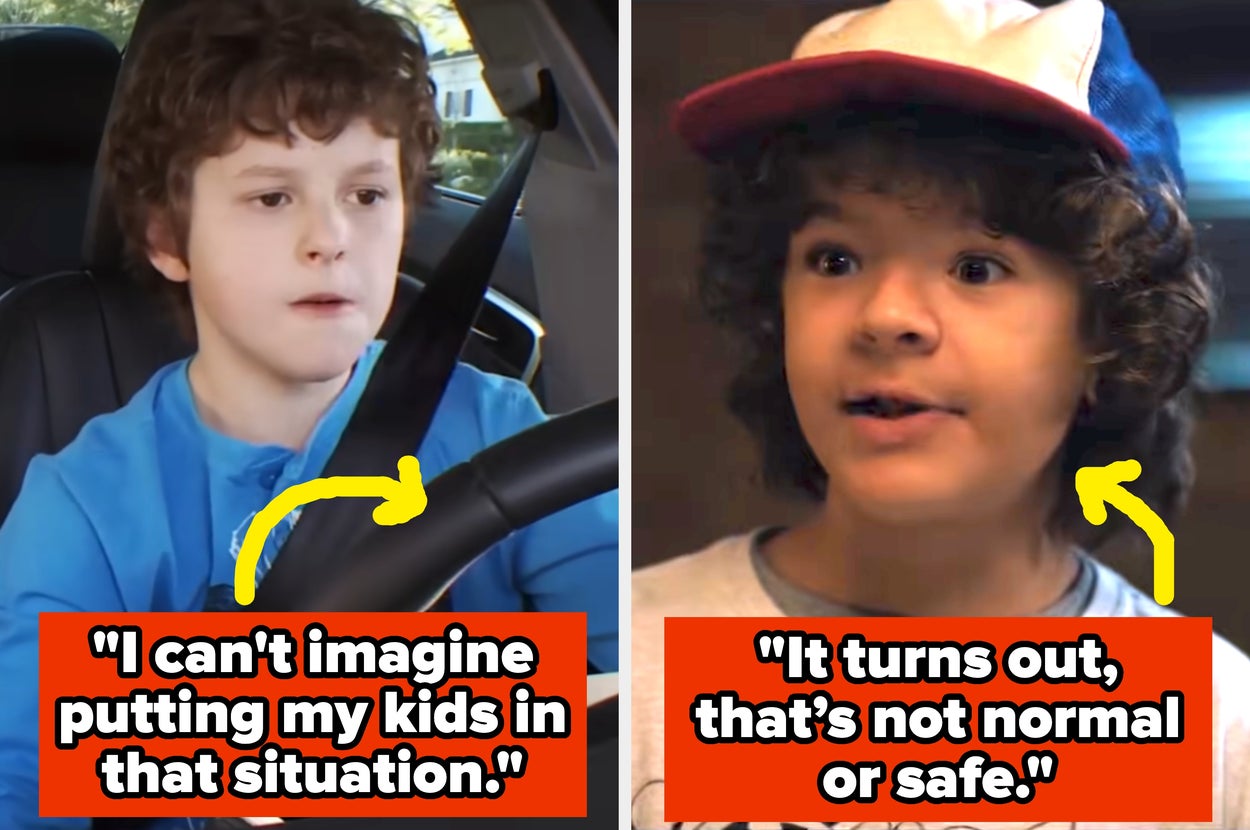 On the left, a young boy in a striped shirt looks sideways. On the right, a girl with long hair sits in a car, wearing a knitted sweater
