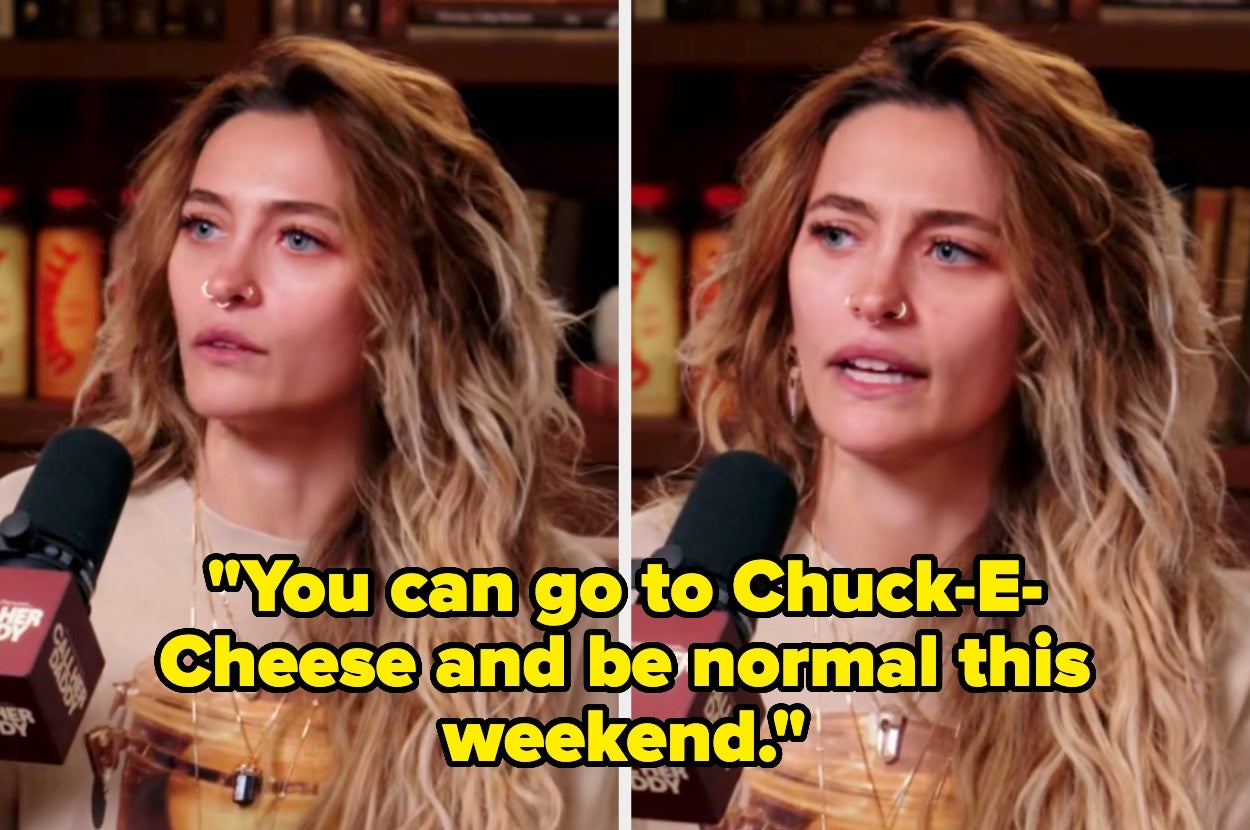 Person speaking into a microphone with text: "You can go to Chuck-E-Cheese and be normal this weekend."
